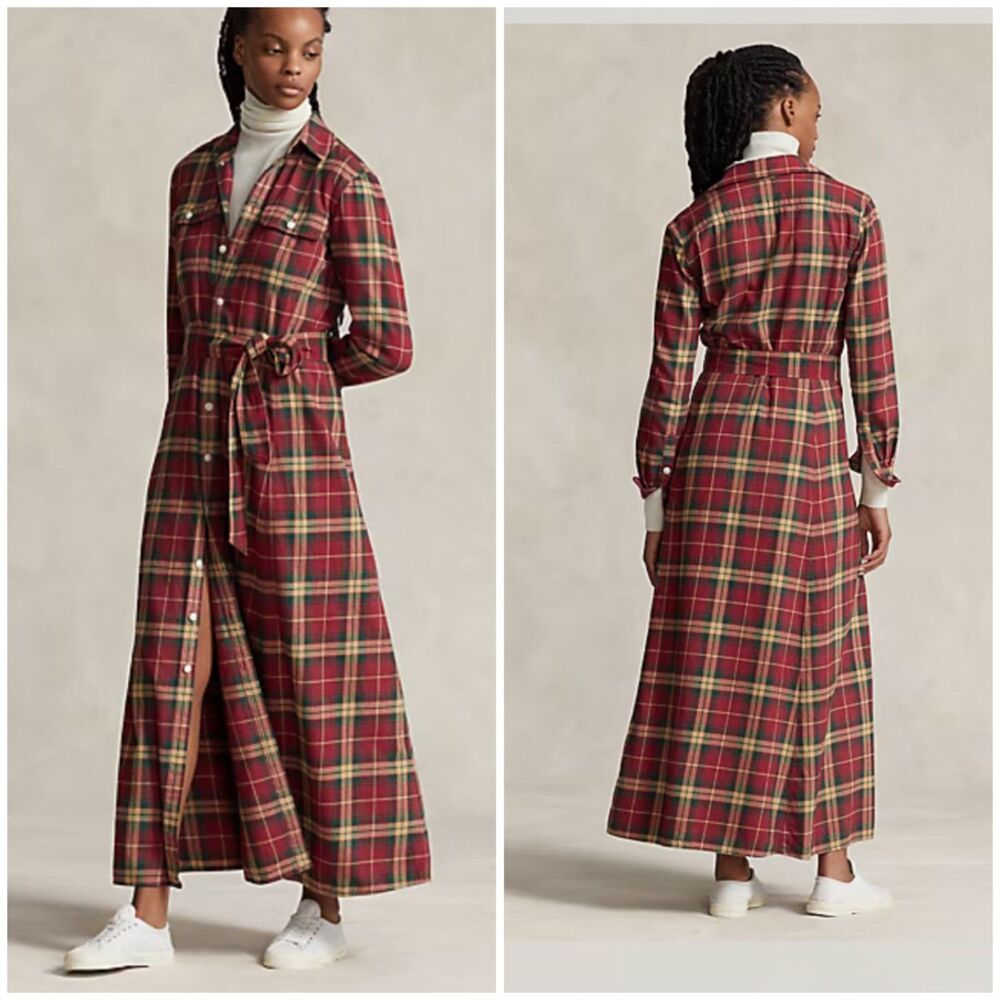 Polo Ralph Lauren Preppy Christmas Plaid Cotton Twill Shirtdress Maxi sz 6